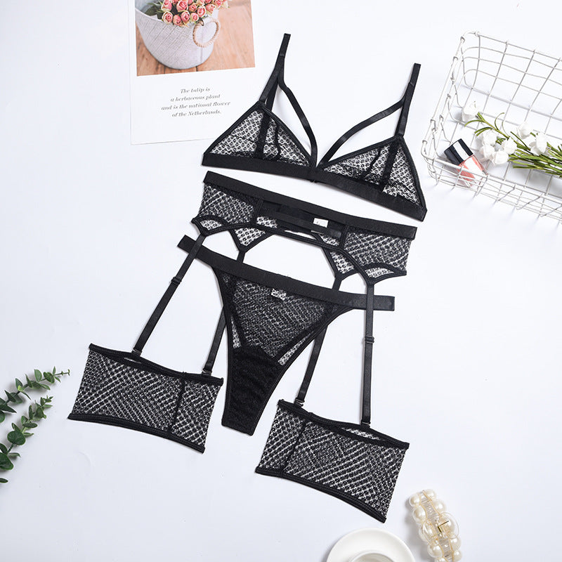 Erotic Mesh Underwire Bra and Panty Garter Girls 3Pcs Cozy Bandage Underwears Sexy Lingerie