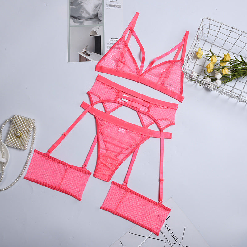 Erotic Mesh Underwire Bra and Panty Garter Girls 3Pcs Cozy Bandage Underwears Sexy Lingerie