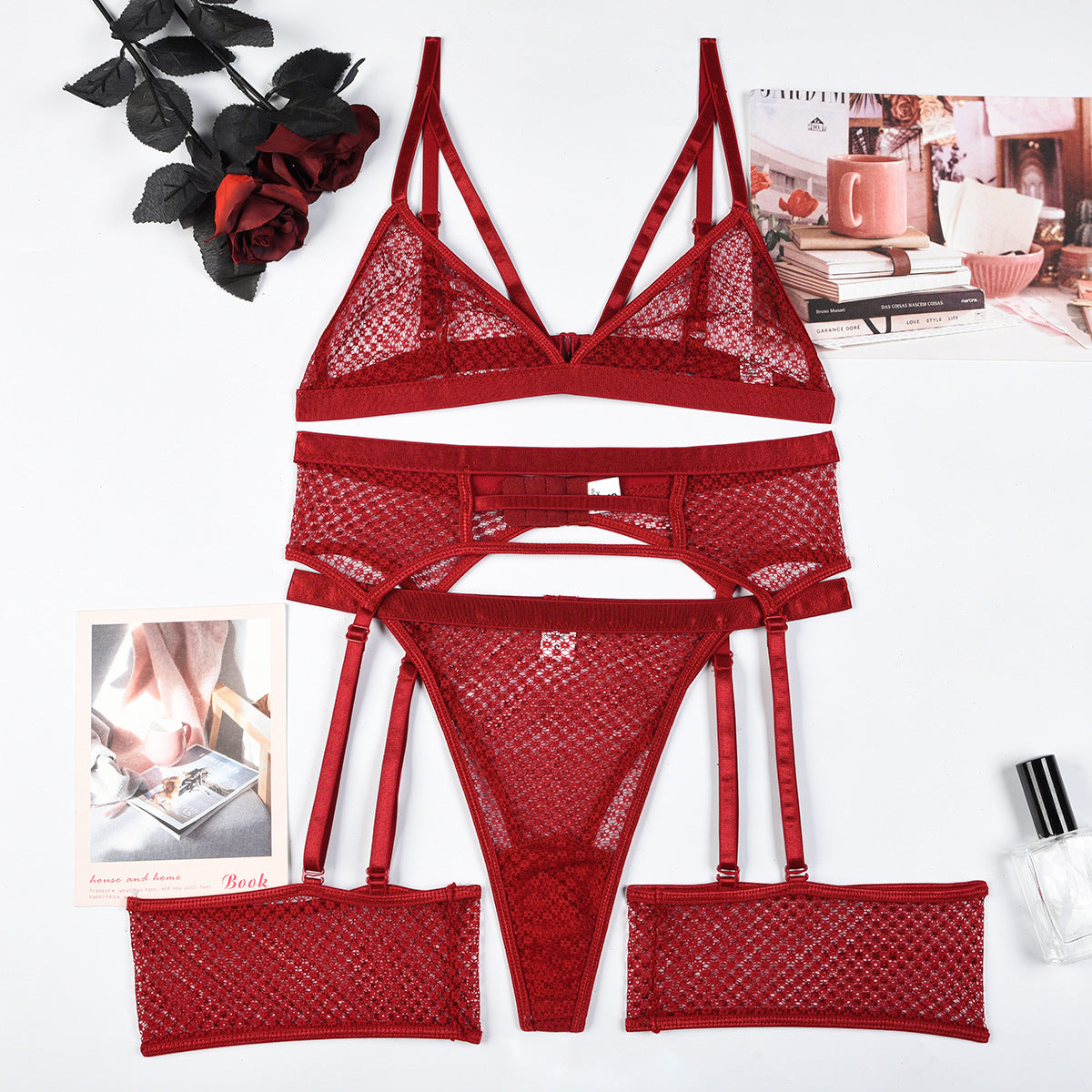 Erotic Mesh Underwire Bra and Panty Garter Girls 3Pcs Cozy Bandage Underwears Sexy Lingerie