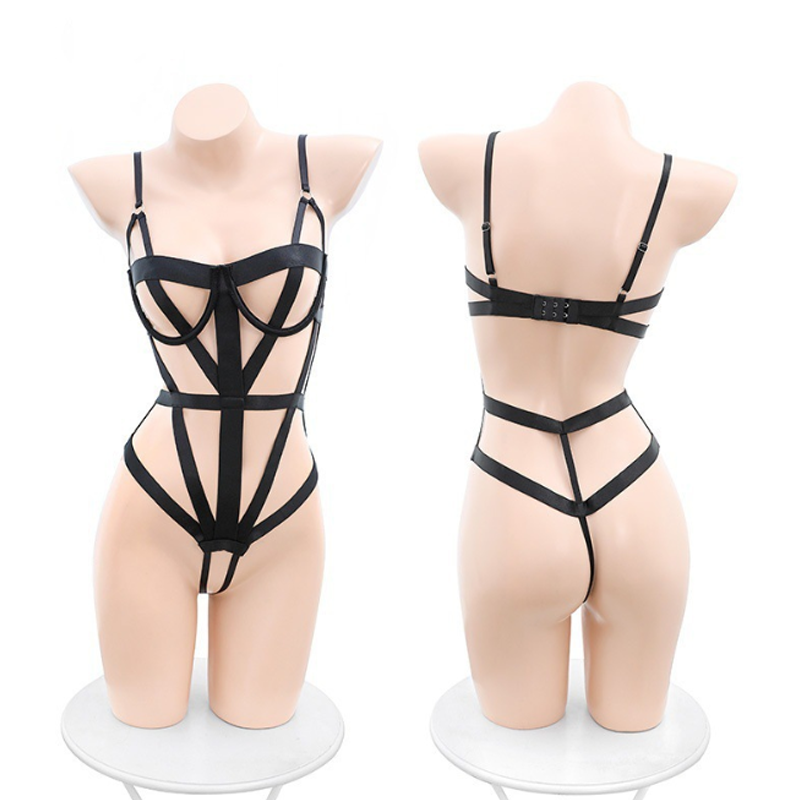 Black Cross Bandage One Piece Hollow Out Bodysuit Sheer Lingerie Gothic Sexy Lingerie-sexy Hot