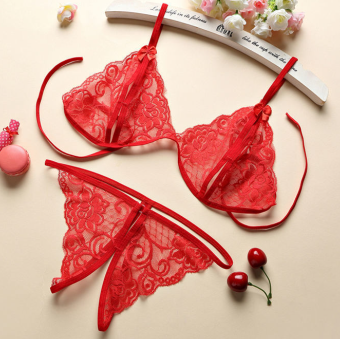 Women'S Thin Lace Bra Split Underwear Set Solid Color Hollow Thong See-Through Women'S Sexy Lingerie