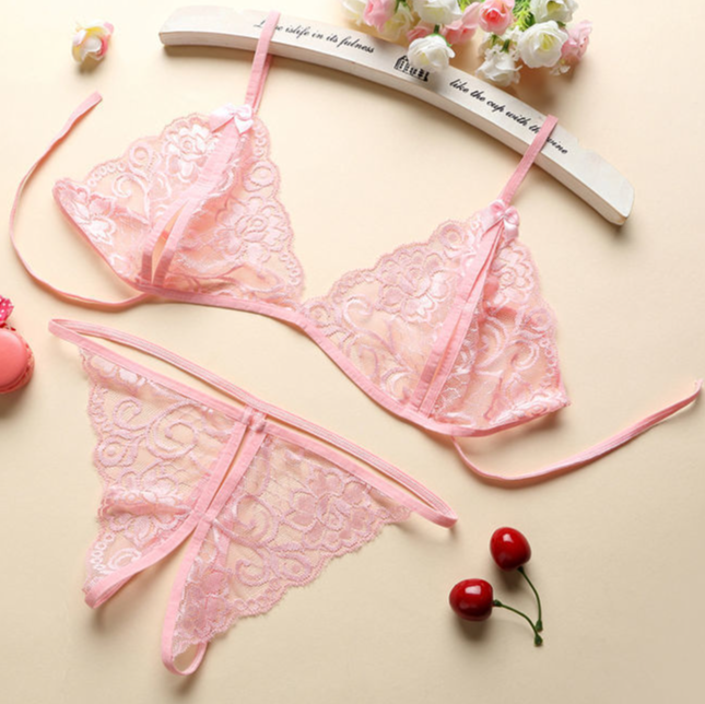 Women'S Thin Lace Bra Split Underwear Set Solid Color Hollow Thong See-Through Women'S Sexy Lingerie