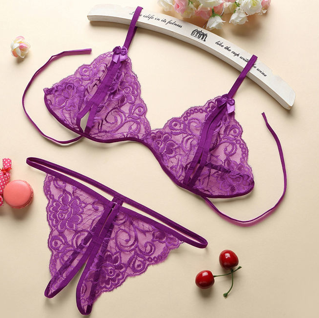 Women'S Thin Lace Bra Split Underwear Set Solid Color Hollow Thong See-Through Women'S Sexy Lingerie