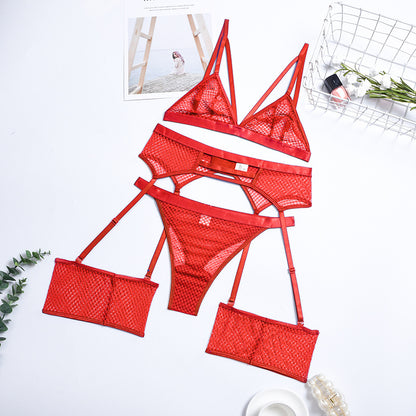 Erotic Mesh Underwire Bra and Panty Garter Girls 3Pcs Cozy Bandage Underwears Sexy Lingerie