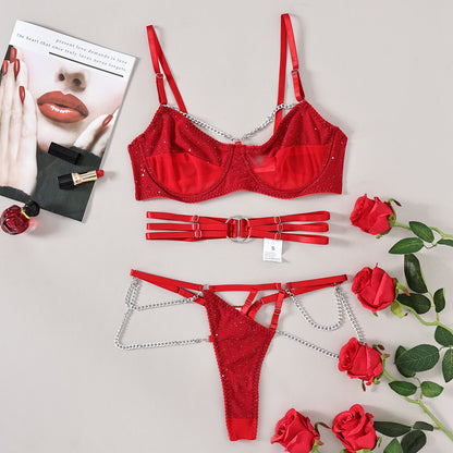 Black and Red Hollowed Out Sparkly Metal Chain Decoration with Steel Ring Woman Underwear Sexy Ladies Thong Bra Panty Set