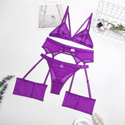 Erotic Mesh Underwire Bra and Panty Garter Girls 3Pcs Cozy Bandage Underwears Sexy Lingerie