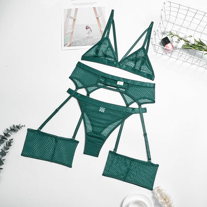 Erotic Mesh Underwire Bra and Panty Garter Girls 3Pcs Cozy Bandage Underwears Sexy Lingerie